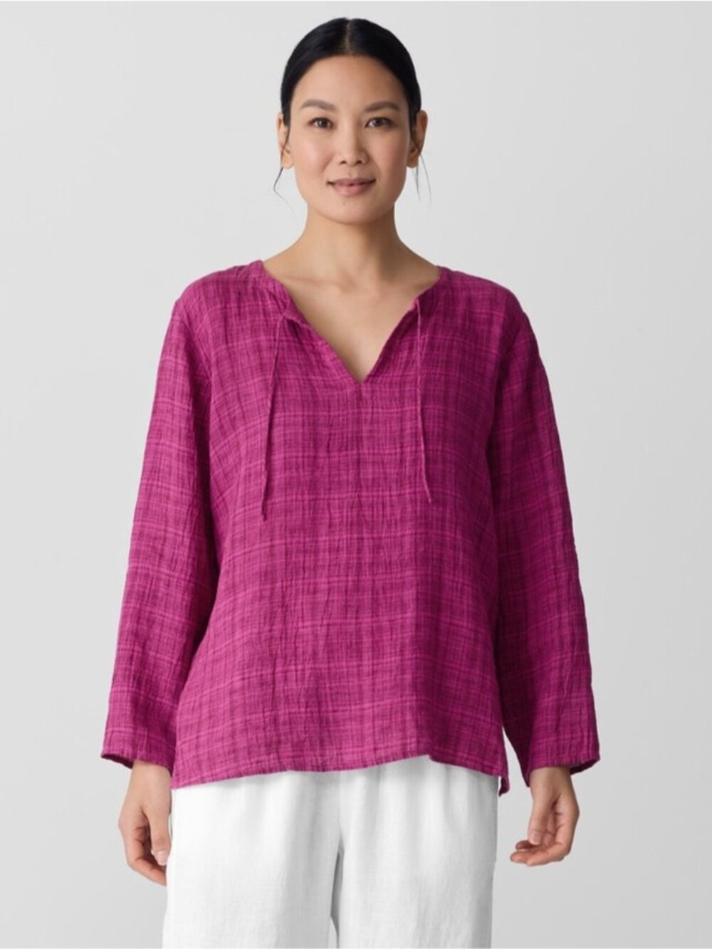 EILEEN FISHER - Puckered Organic Linen Plaid Keyhole Top